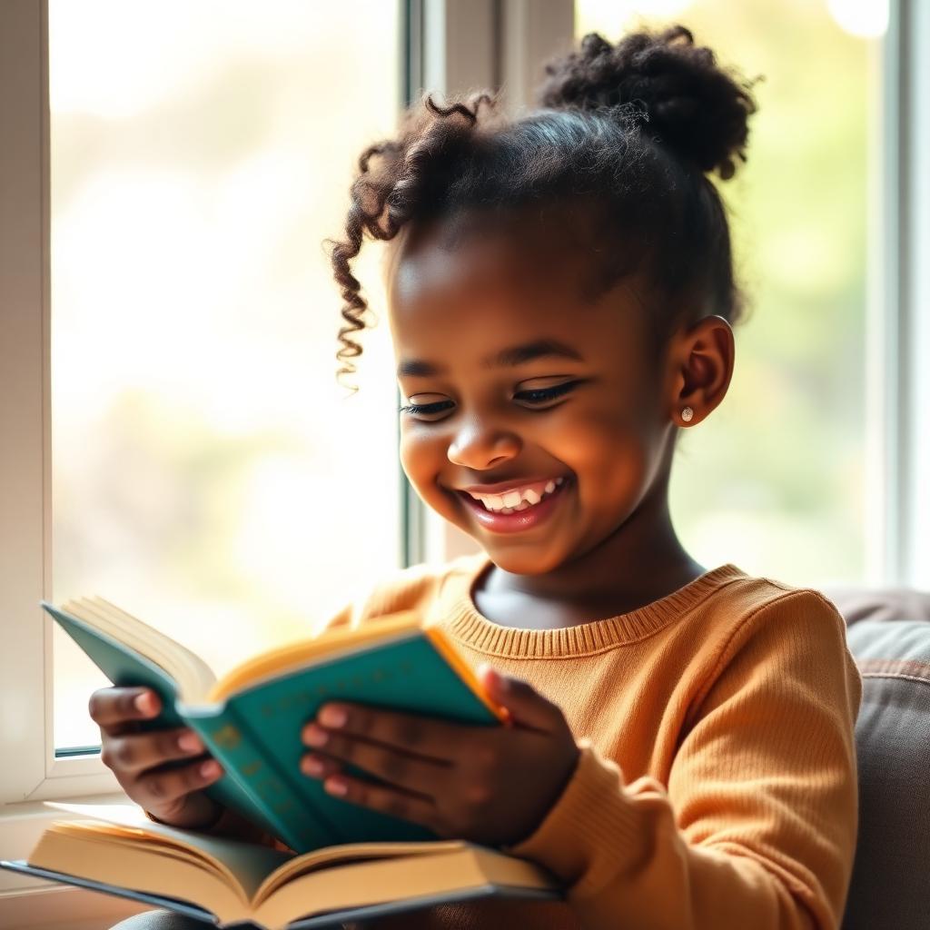 Joyful Black girl smiling while reading a book by a sunlit window