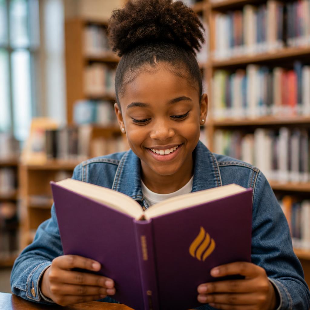 Smiling young reader holding an open purple book with a golden flame emblem