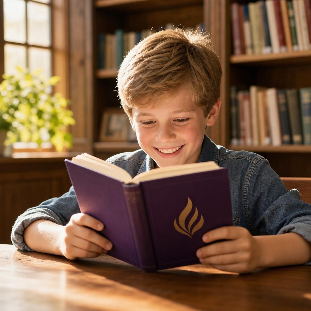 Smiling young reader holding an open purple book with a golden flame emblem